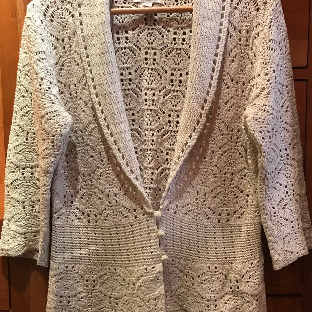 Crochet Look Off White Cotton 3/4 Sleeve Cardigan